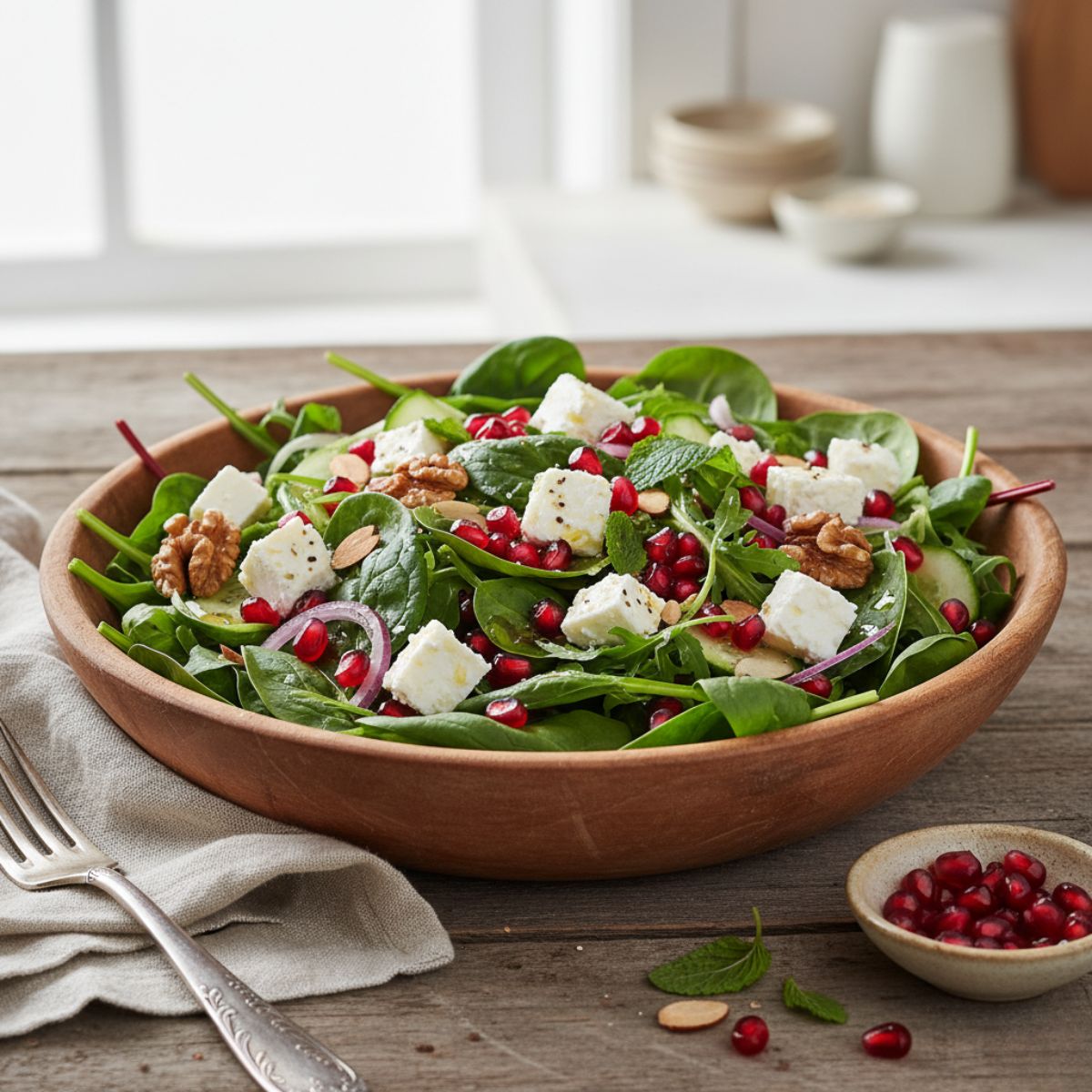 01 Salát s granátovým jablkem a fetou – svěží kombinace sýrů, listového salátu a šťavnatých semínek